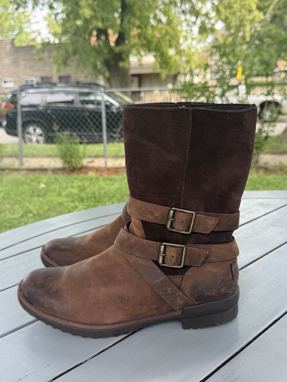 UGG Lorna Waterproof Boots Womens Size 8 Brown Leather Suede Buckle Moto 1095155